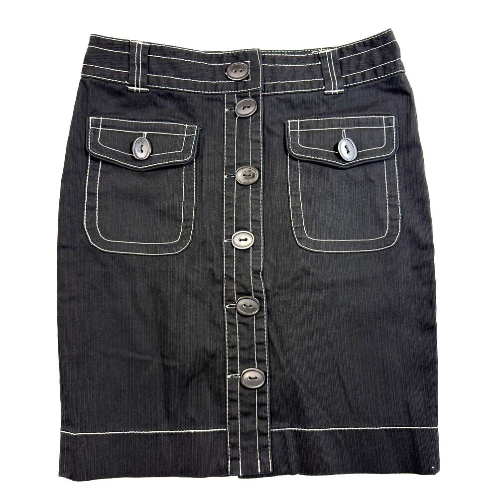 Kenzie 4 Black Buttoned Denim Skirt Midi Contrast Stitch Pockets Y2K Streetwear